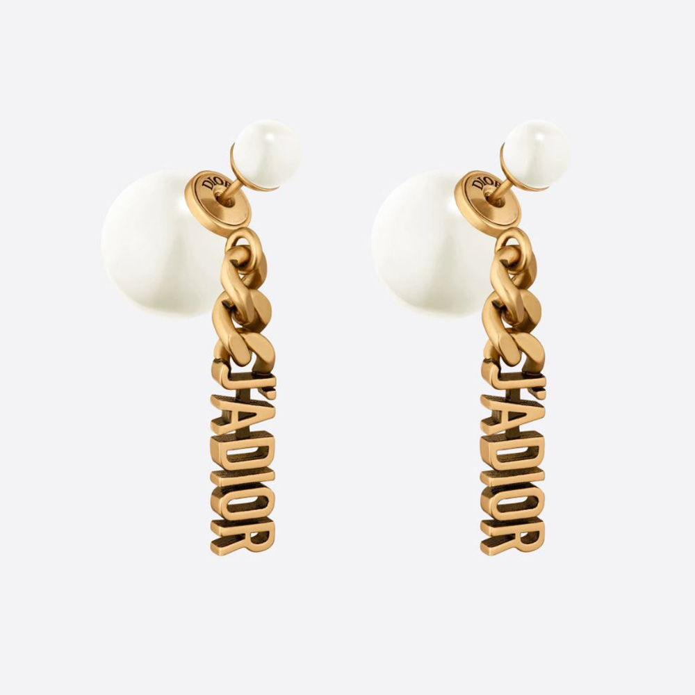 Front view of Dior Women Tribales Earrings Antique Gold-Finish Metal and White Resin Pearls