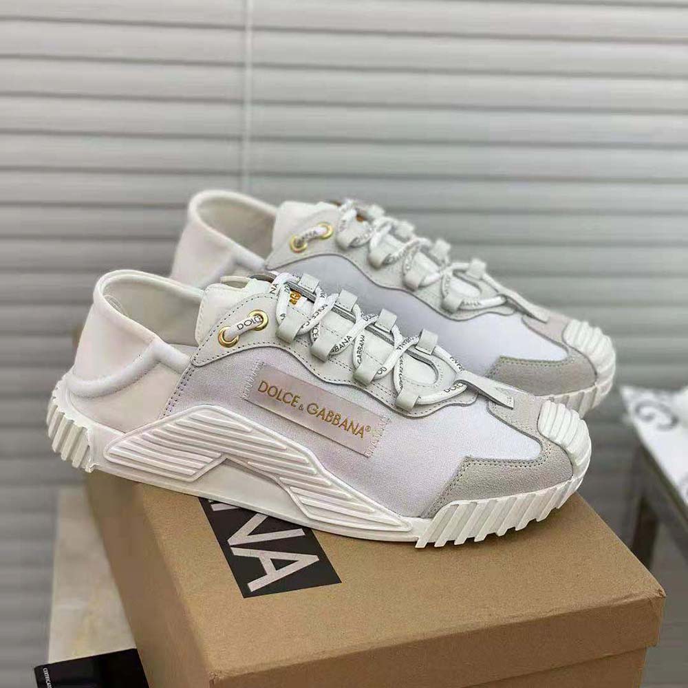 Top angle showing slip-on design of Dolce Gabbana D&G white sneakers