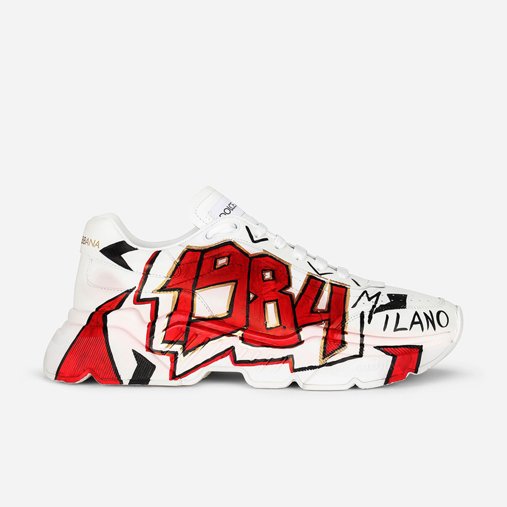 Side profile of Dolce Gabbana D&G Women Hand-painted Calfskin Nappa Daymaster Sneakers-Red