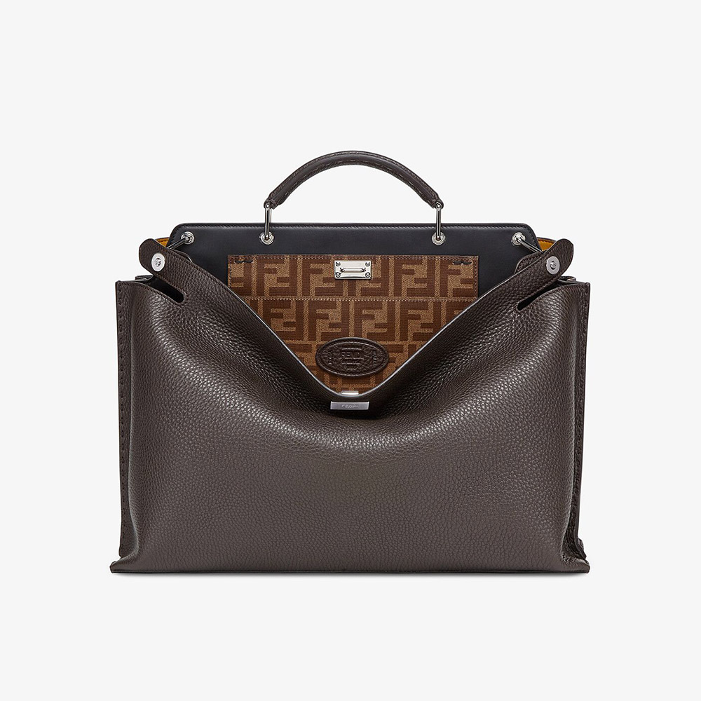 Front view of Fendi Men Peekaboo Iconic Essential Brown Leather Bag
