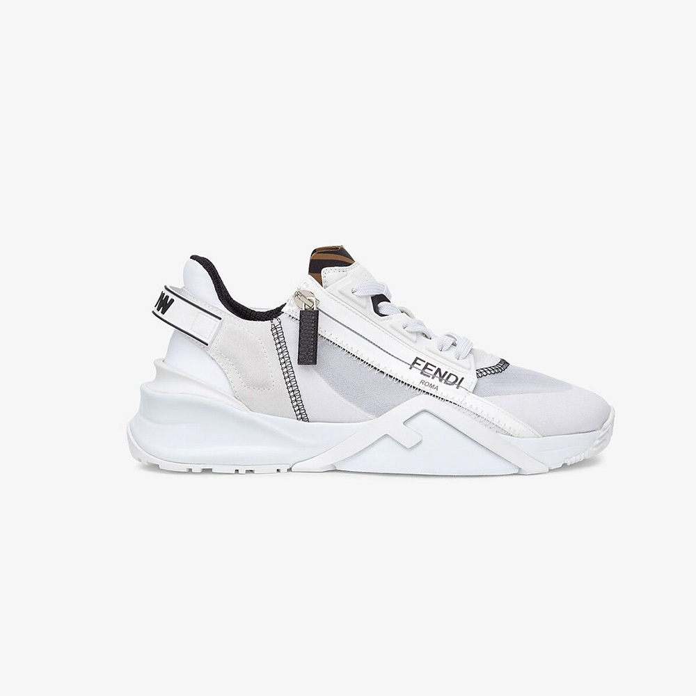 Side angle of Fendi Unisex Flow White Nylon and Suede Low-Tops