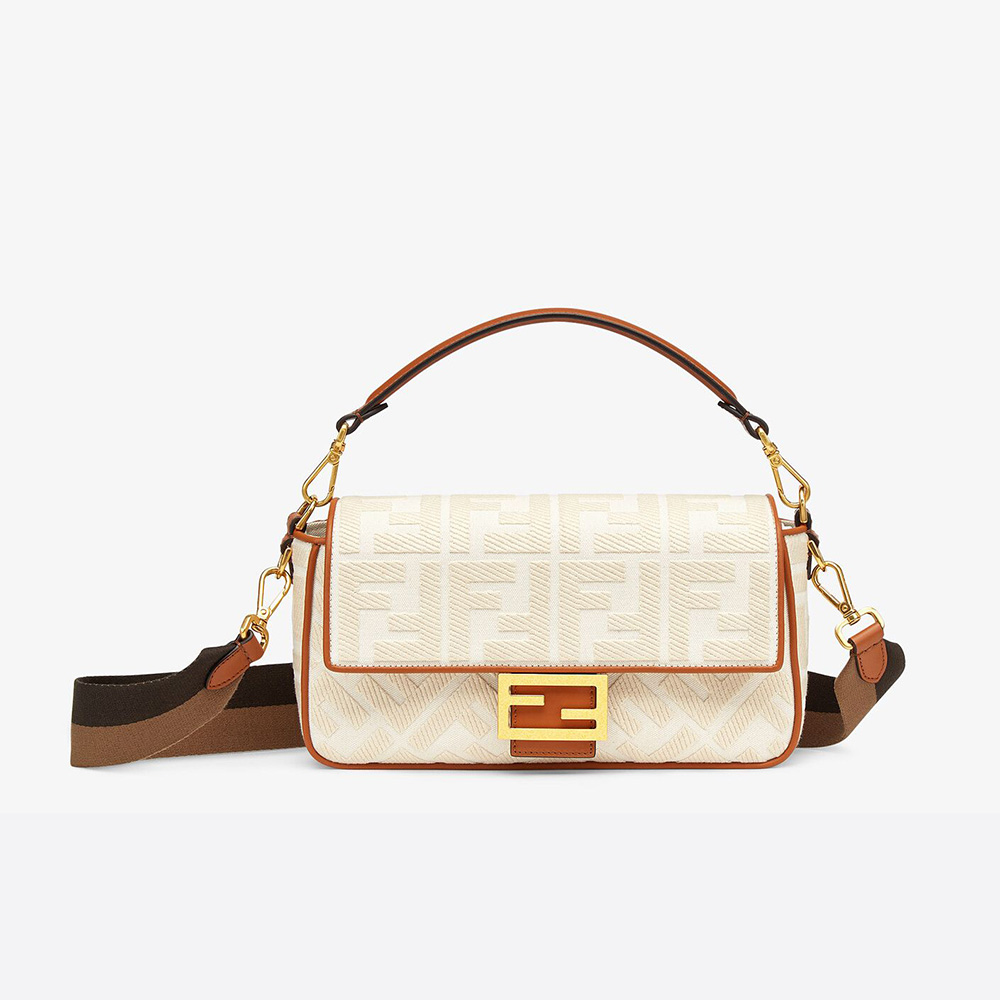 Front view of Fendi Women Baguette White Canvas FF Bag with gold hardware