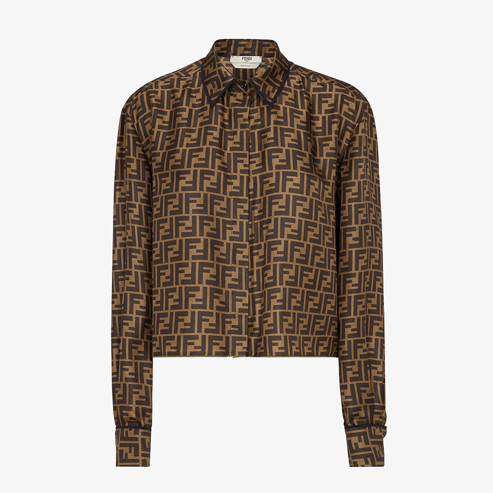 Front view of Fendi Women Brown Twill Shirt with Classic Collar