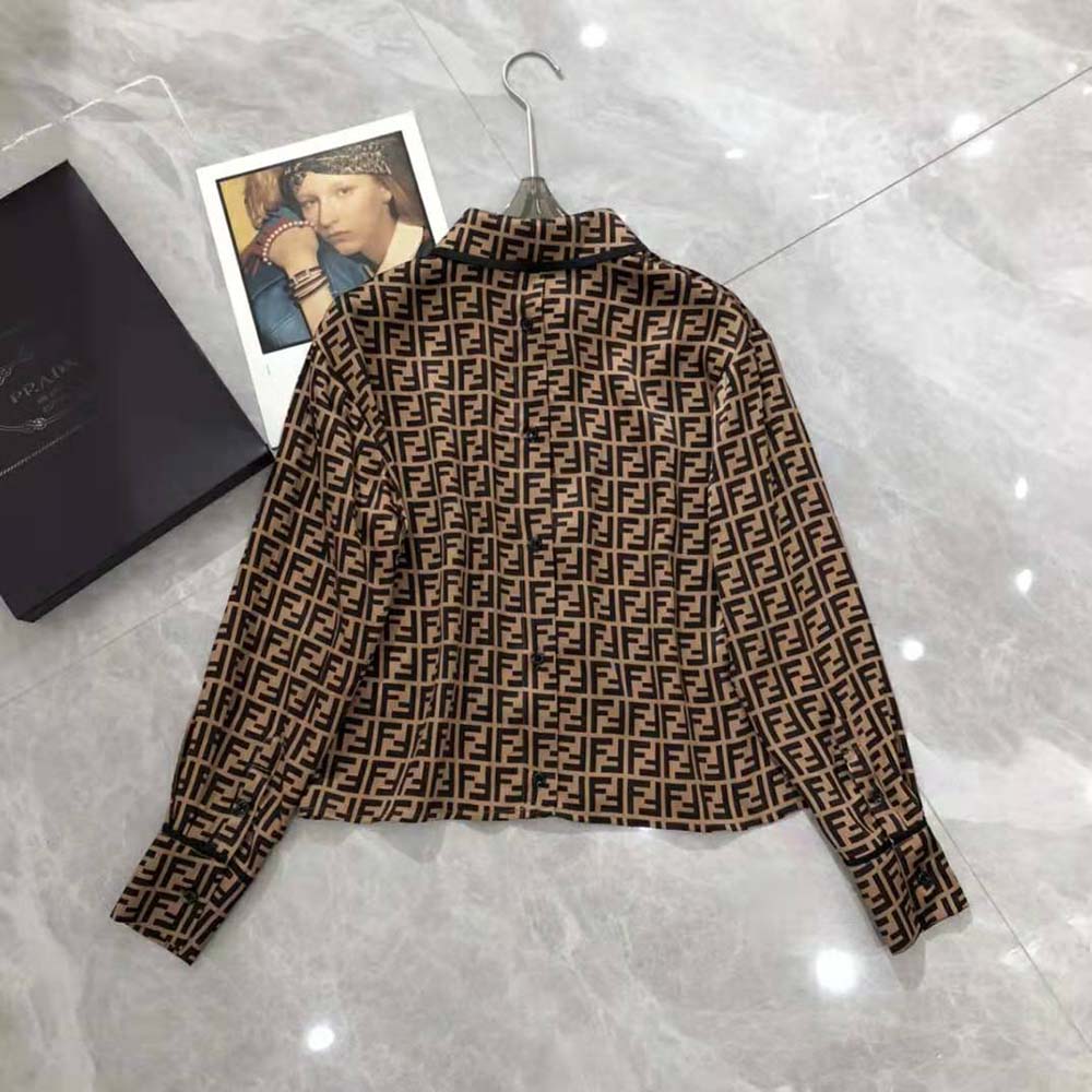 Side angle showing tailored fit of Fendi Women Brown Twill Shirt