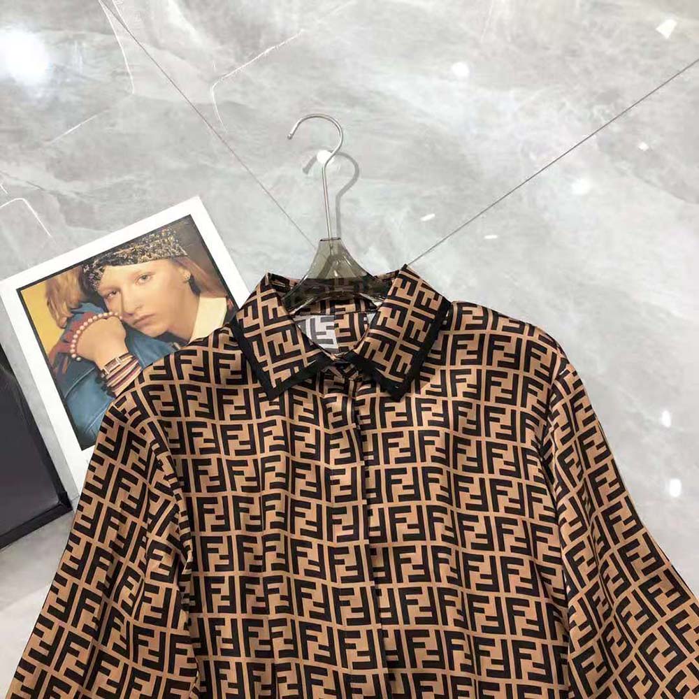 Fendi Women Brown Twill Shirt with Classic Collar - image 5