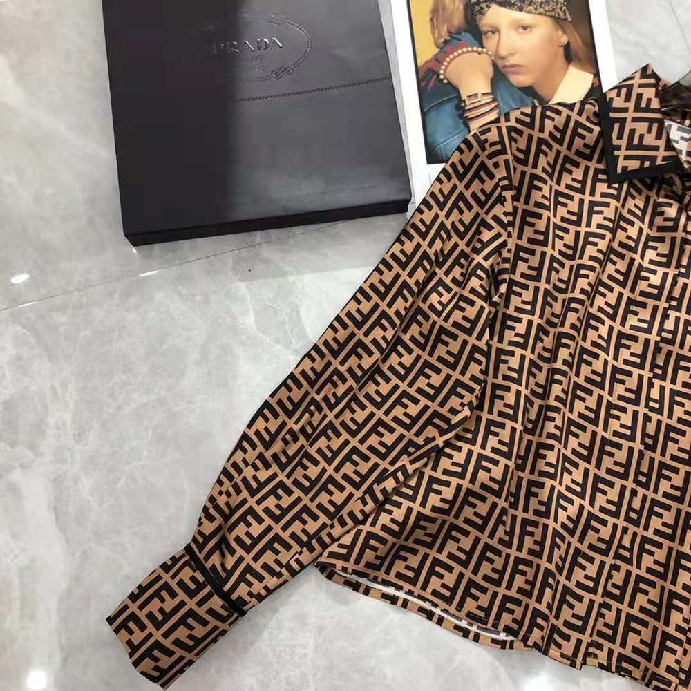Fendi Women Brown Twill Shirt with Classic Collar - image 7