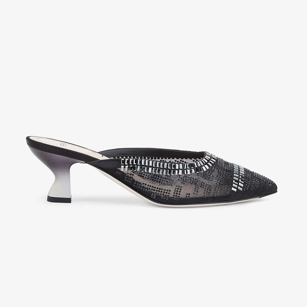 Side view of Fendi Women Colibri Sabots in mesh and black leather