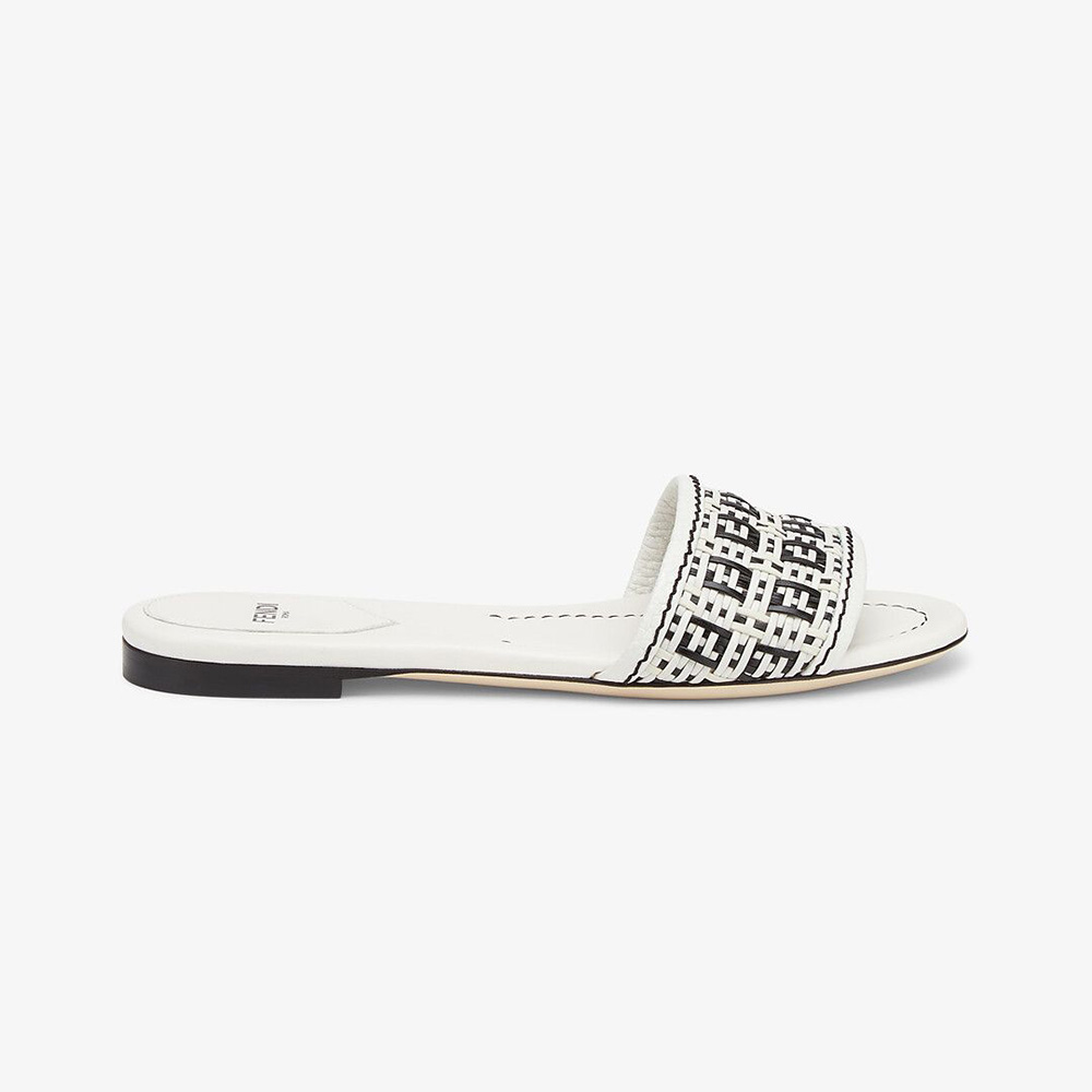 Side view of Fendi Women FF Interlace Slides White Leather Slides