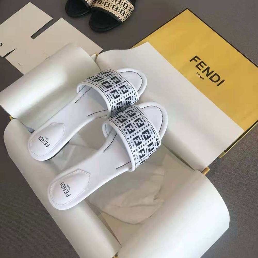 Top-down shot showing footbed and silhouette of Fendi Women FF Interlace Slides