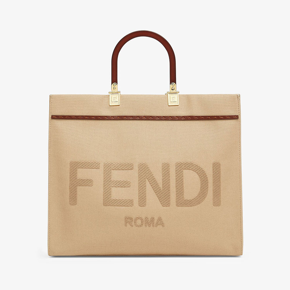 Front view of Fendi Women Fendi Sunshine Medium Beige Canvas Bag