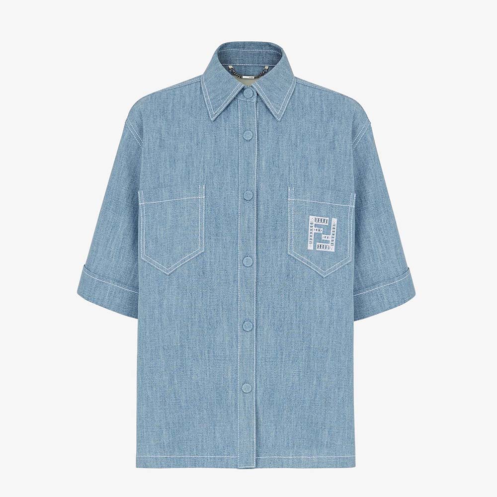 Front view of Fendi Women Light Blue Chambray Chirt showing button closure