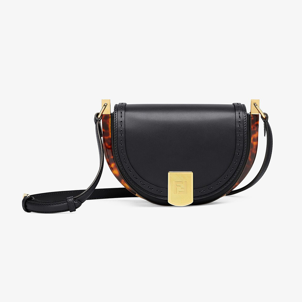 Front view of Fendi Women Moonlight Hand-Stitched Leather Satchel Bag-Black