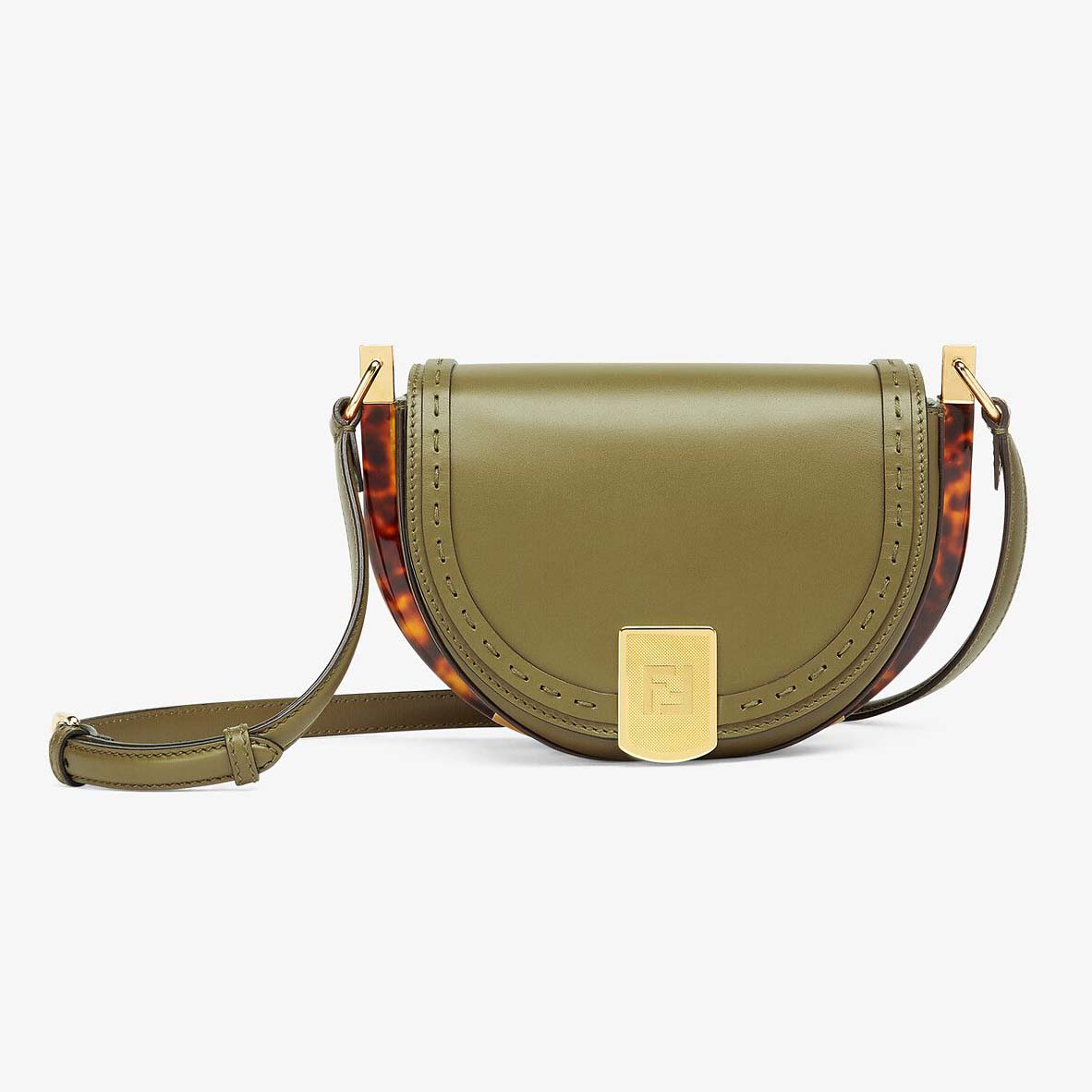 Front view of Fendi Women Moonlight Hand-Stitched Leather Satchel Bag-Green with flap closed