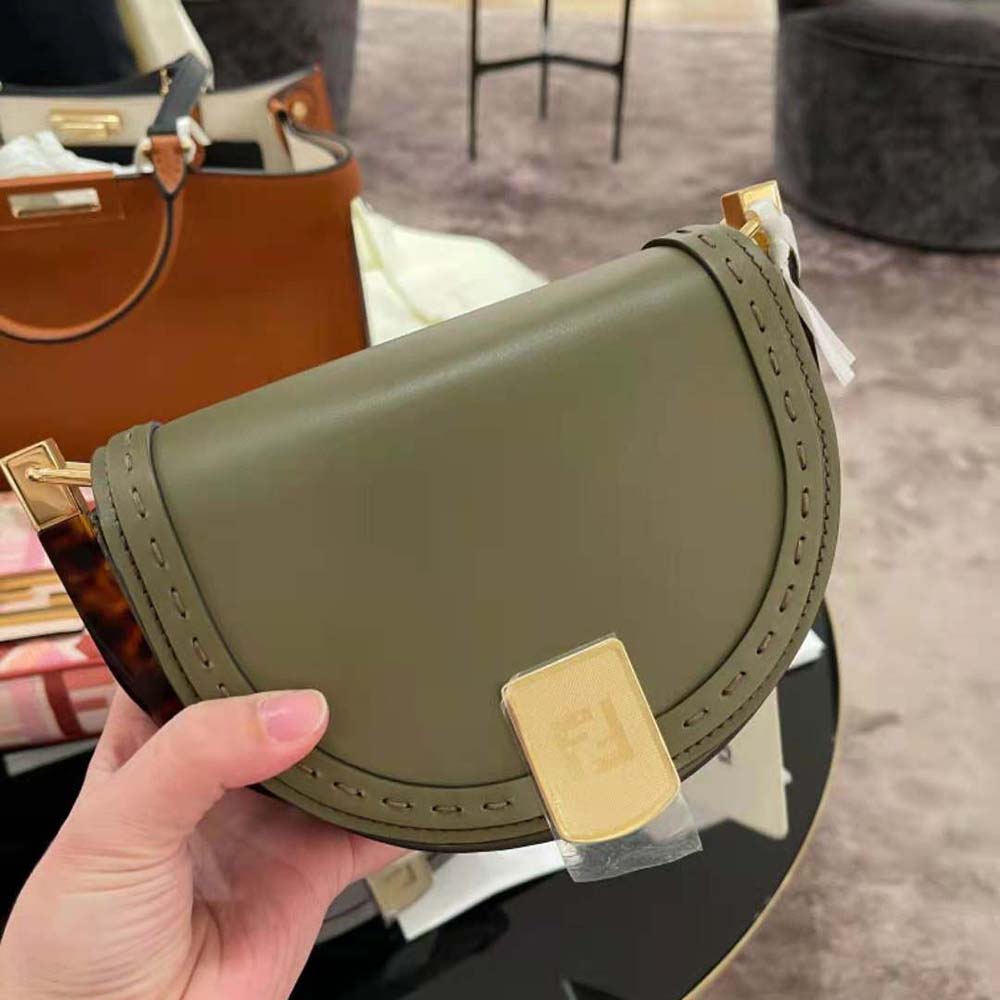 Close-up of hand-stitched leather detail on Fendi Women Moonlight Satchel Bag-Green
