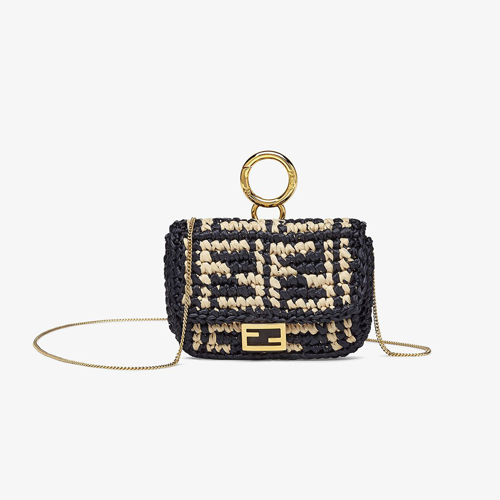 Front view of Fendi Women Nano Baguette Charm Black Raffia Charm showing texture