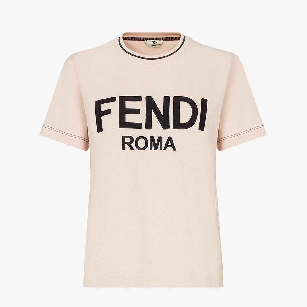 Front view of Fendi Women Pink Jersey T-shirt with crew neck