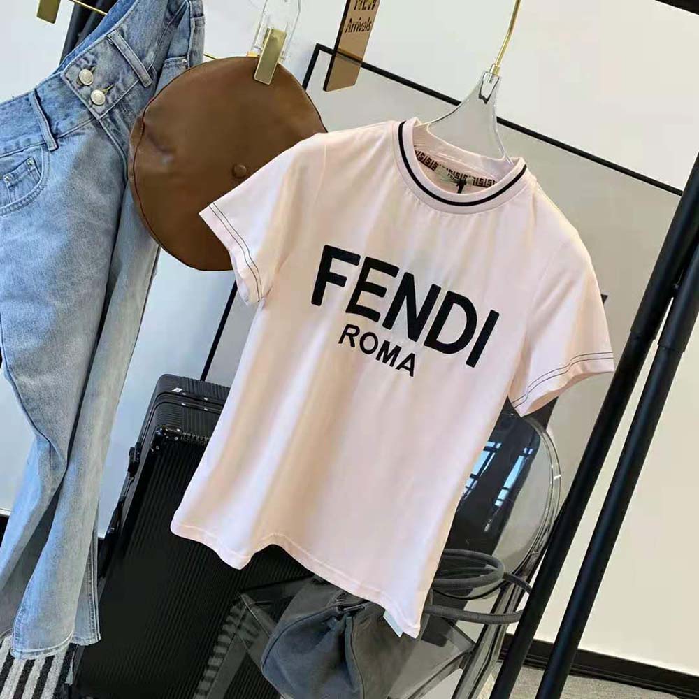 Side angle showing relaxed fit of Fendi Women Pink Jersey T-shirt