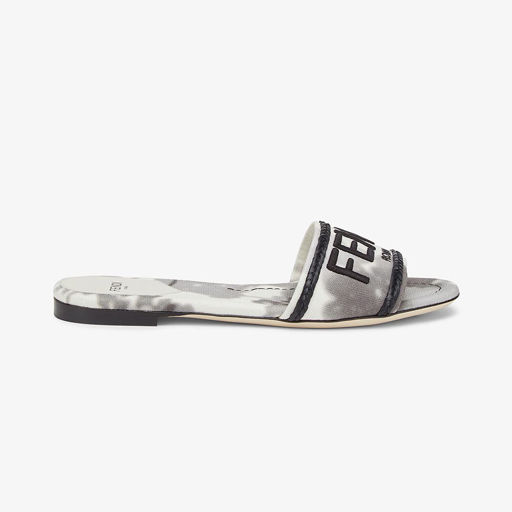 Side view of Fendi Women Signature Slides Gray Canvas Slides showing silver logo