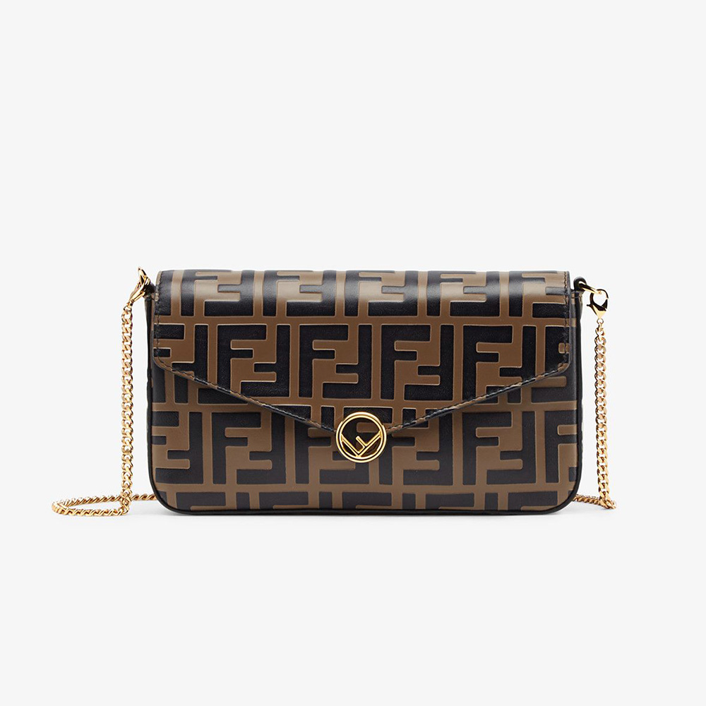 Front view of Fendi Women Wallet on Chain with Pouches brown leather mini-bag