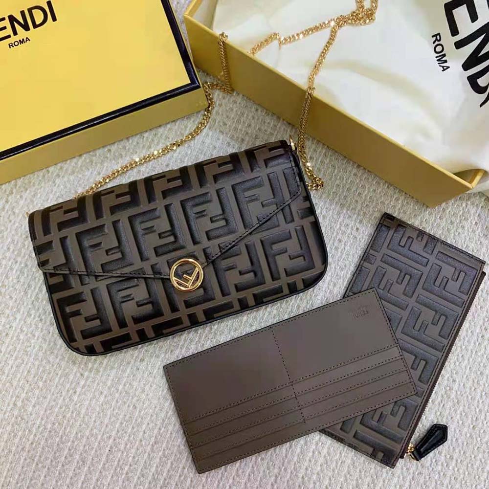 Close-up of gold-tone FF hardware on Fendi Wallet on Chain mini-bag