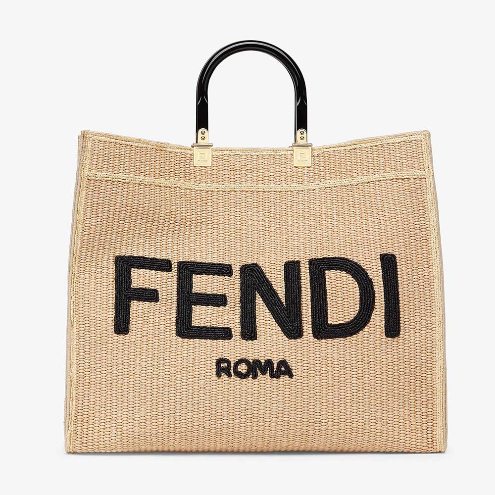 Front view of Fendi Women Wallet on Chain with Pouches Woven Straw Shopper