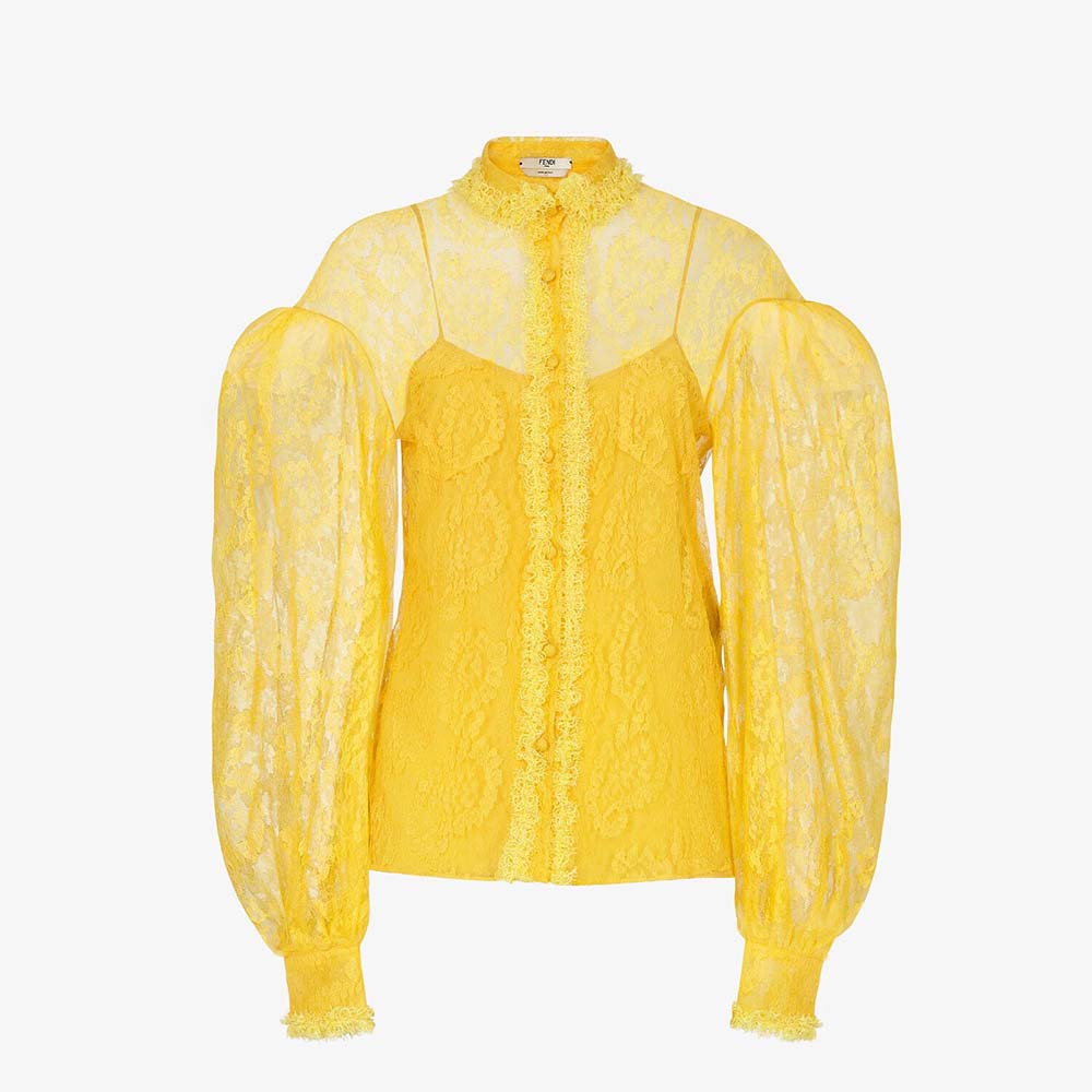 Front view of Fendi Women Yellow Lace Shirt with Wide Puff Sleeves