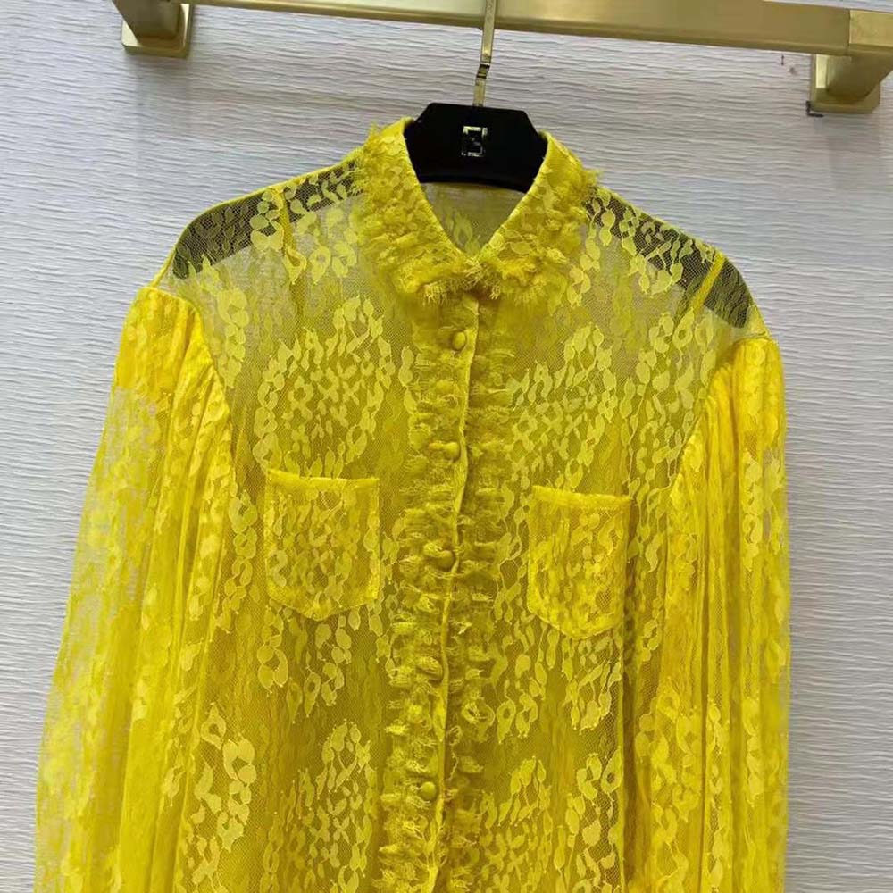 Fendi Women Yellow Lace Shirt with Wide Puff Sleeves - image 4