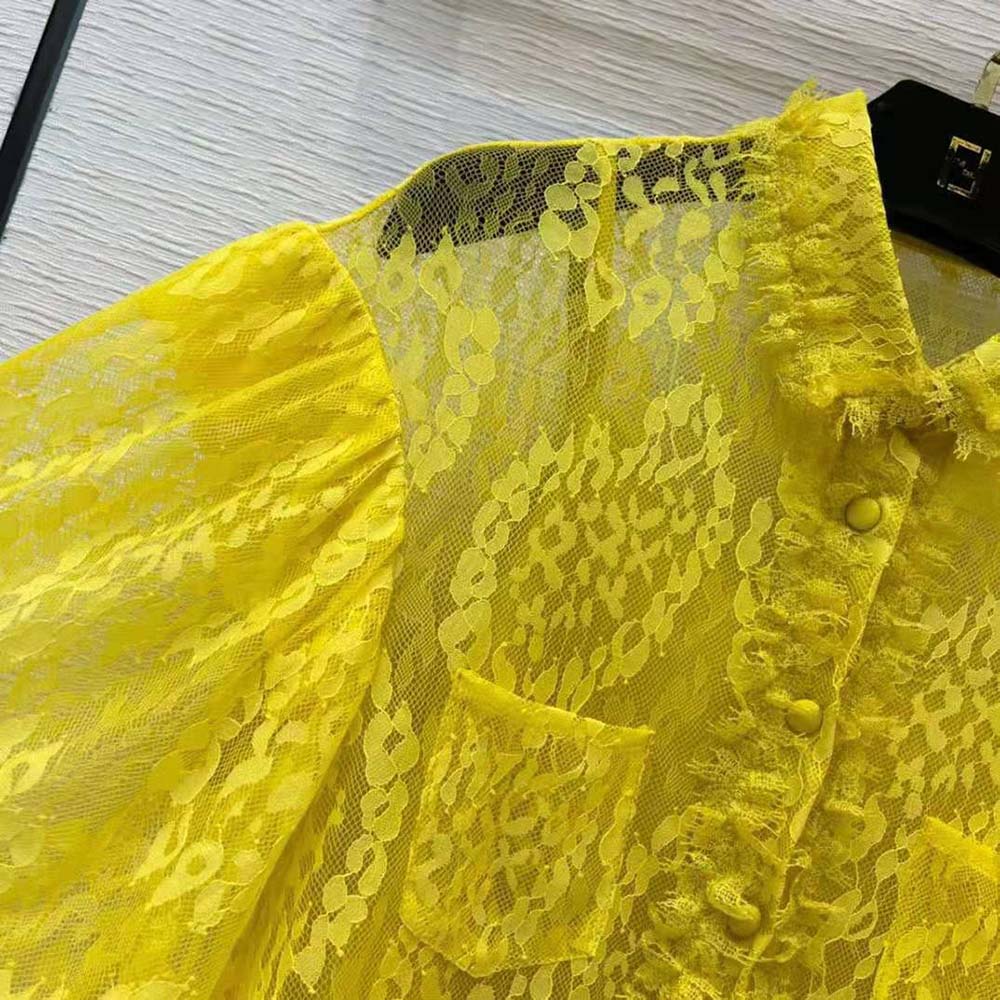 Fendi Women Yellow Lace Shirt with Wide Puff Sleeves - image 9