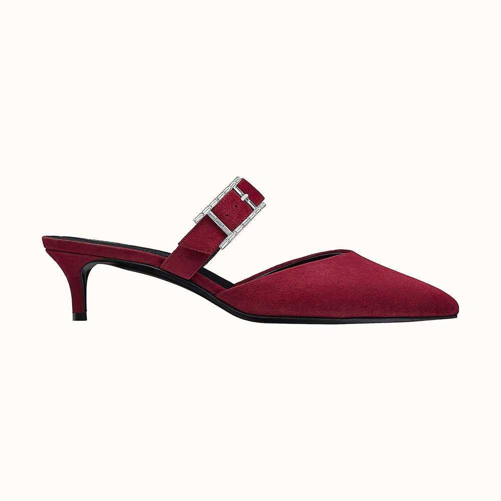 Side view of Hermes Women Blink Mule Mule in Suede Goatskin-Maroon