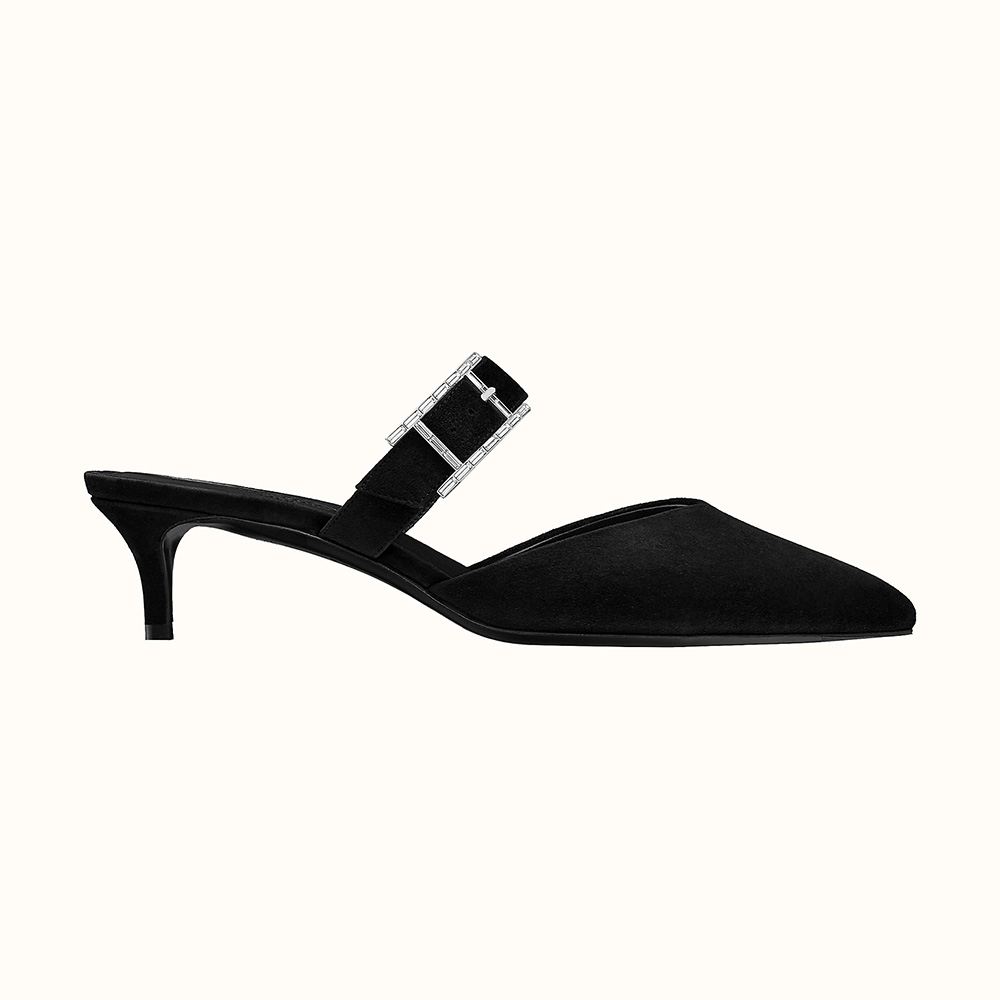 Side profile of Hermes Women Blink Mule Mule in Suede Goatskin-Black