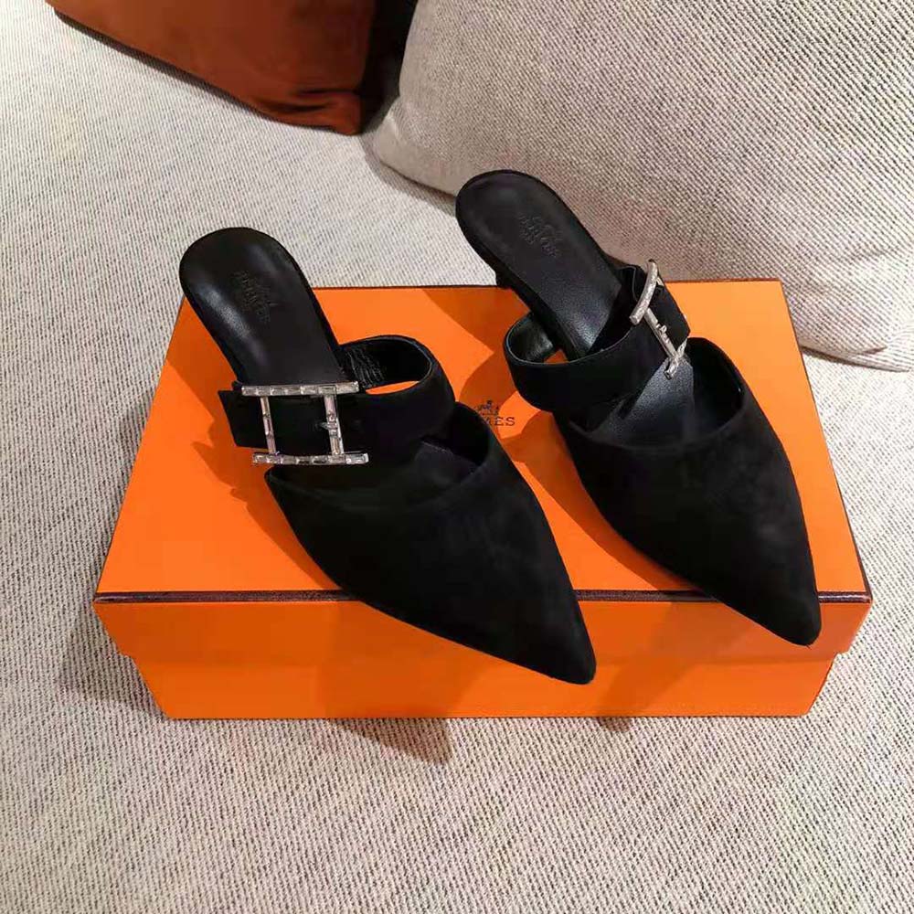 Close-up detail of black suede goatskin on Hermes Blink Mule Mule