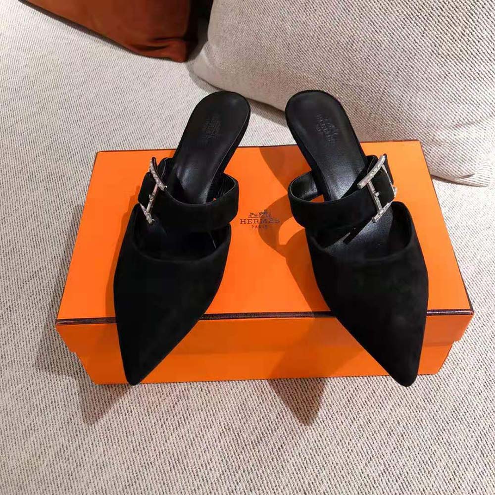 Rear angle showing heel and open back on Hermes Women Blink Mule Mule