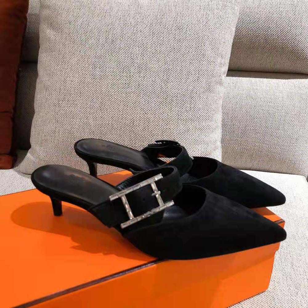 Hermes Women Blink Mule Mule in Suede Goatskin-Black - image 4