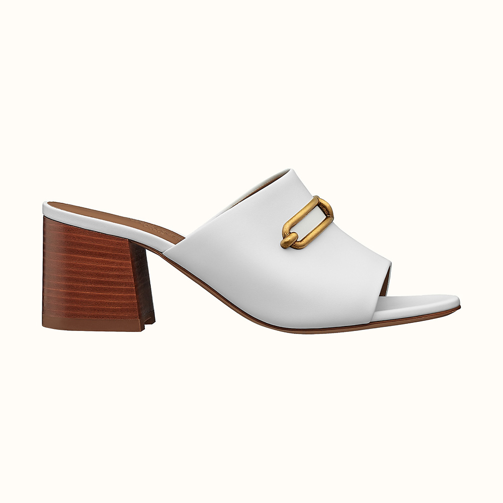 Side view of Hermes Women Camilla Mule High Heel Mule in Calfskin-White