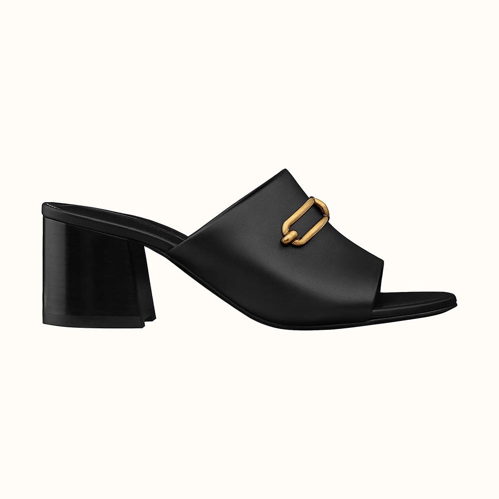Side view of Hermes Women Camilla Mule High Heel Mule in Calfskin-Black