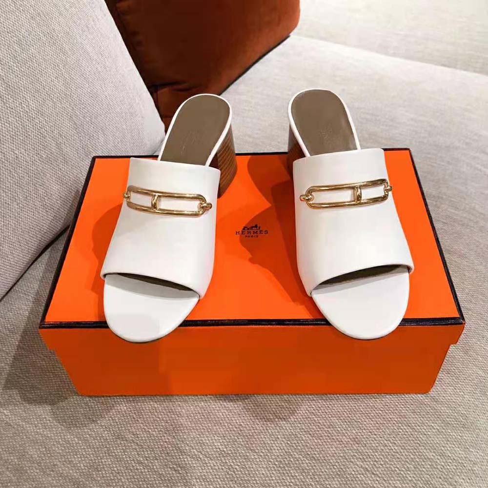Rear angle showing high heel and open back of Hermes Camilla Mule