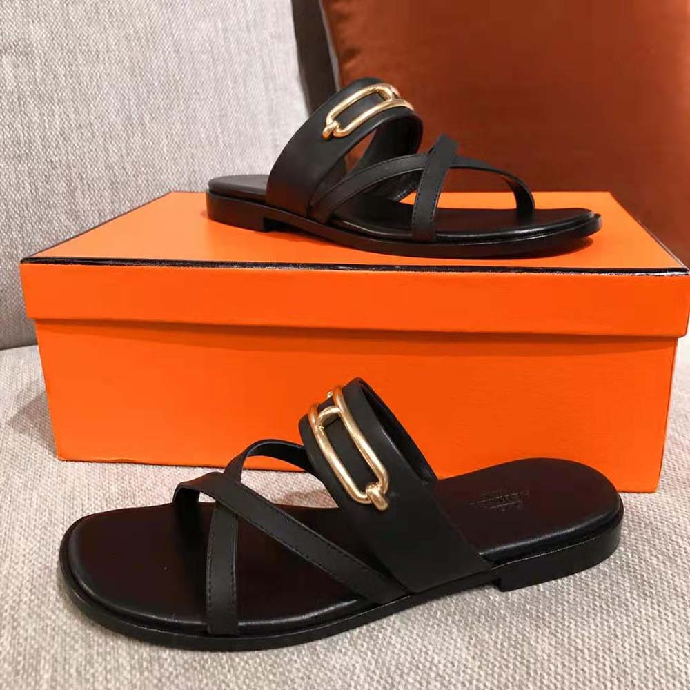 Hermes Women Claire Sandal in Calfskin Leather-Black - image 5