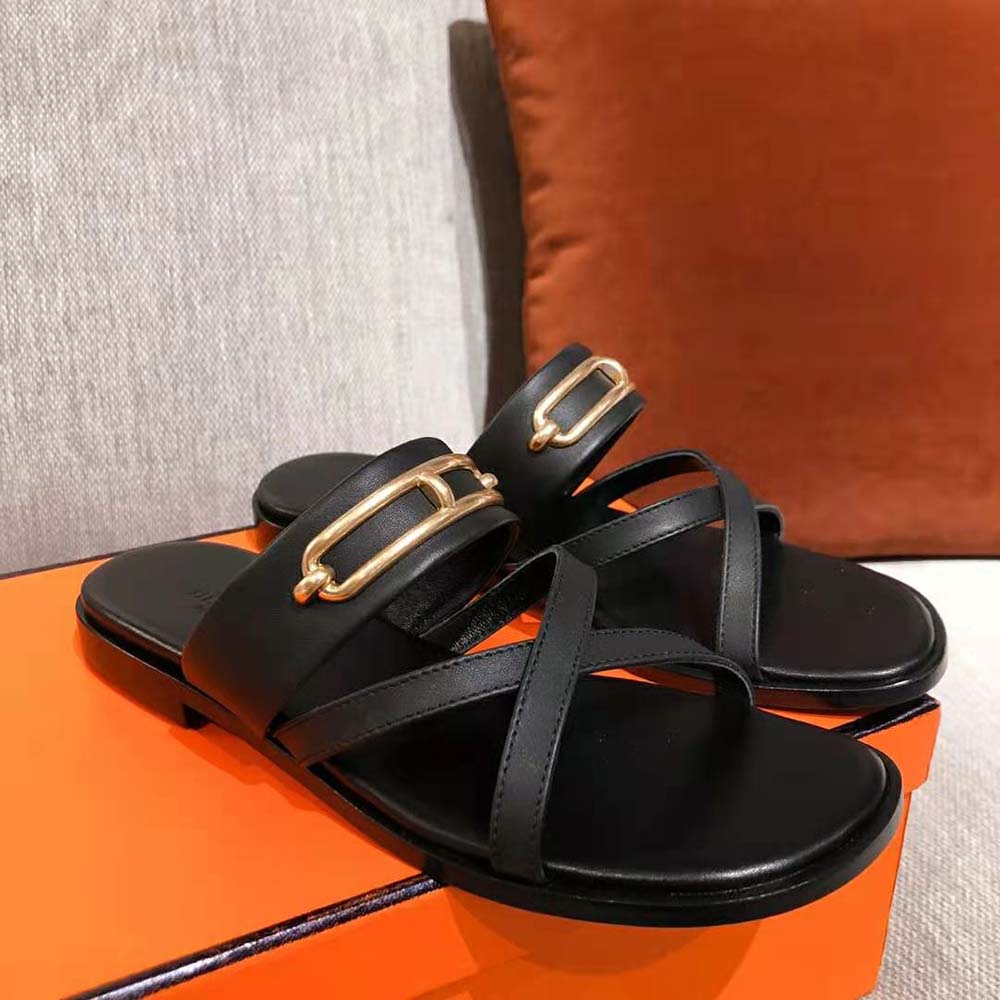 Hermes Women Claire Sandal in Calfskin Leather-Black - image 4