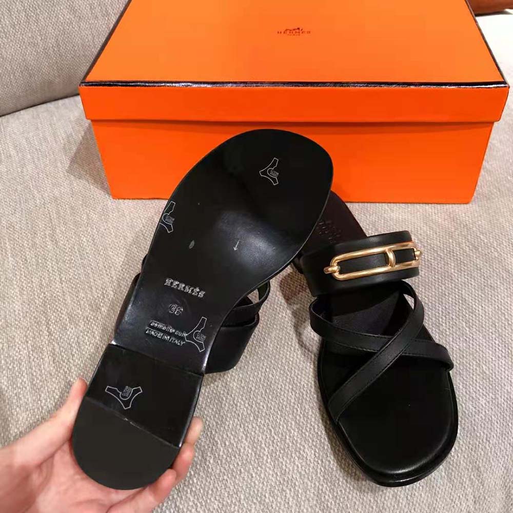 Hermes Women Claire Sandal in Calfskin Leather-Black - image 7