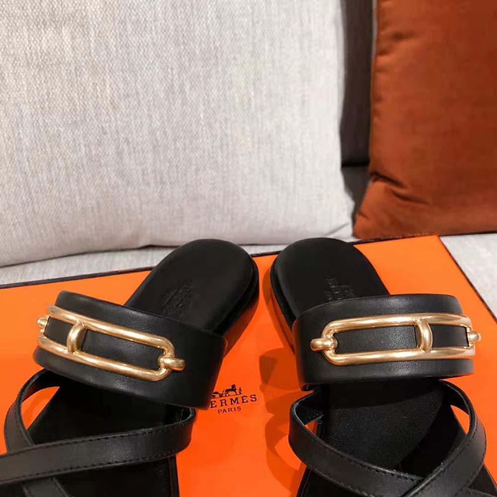 Hermes Women Claire Sandal in Calfskin Leather-Black - image 8