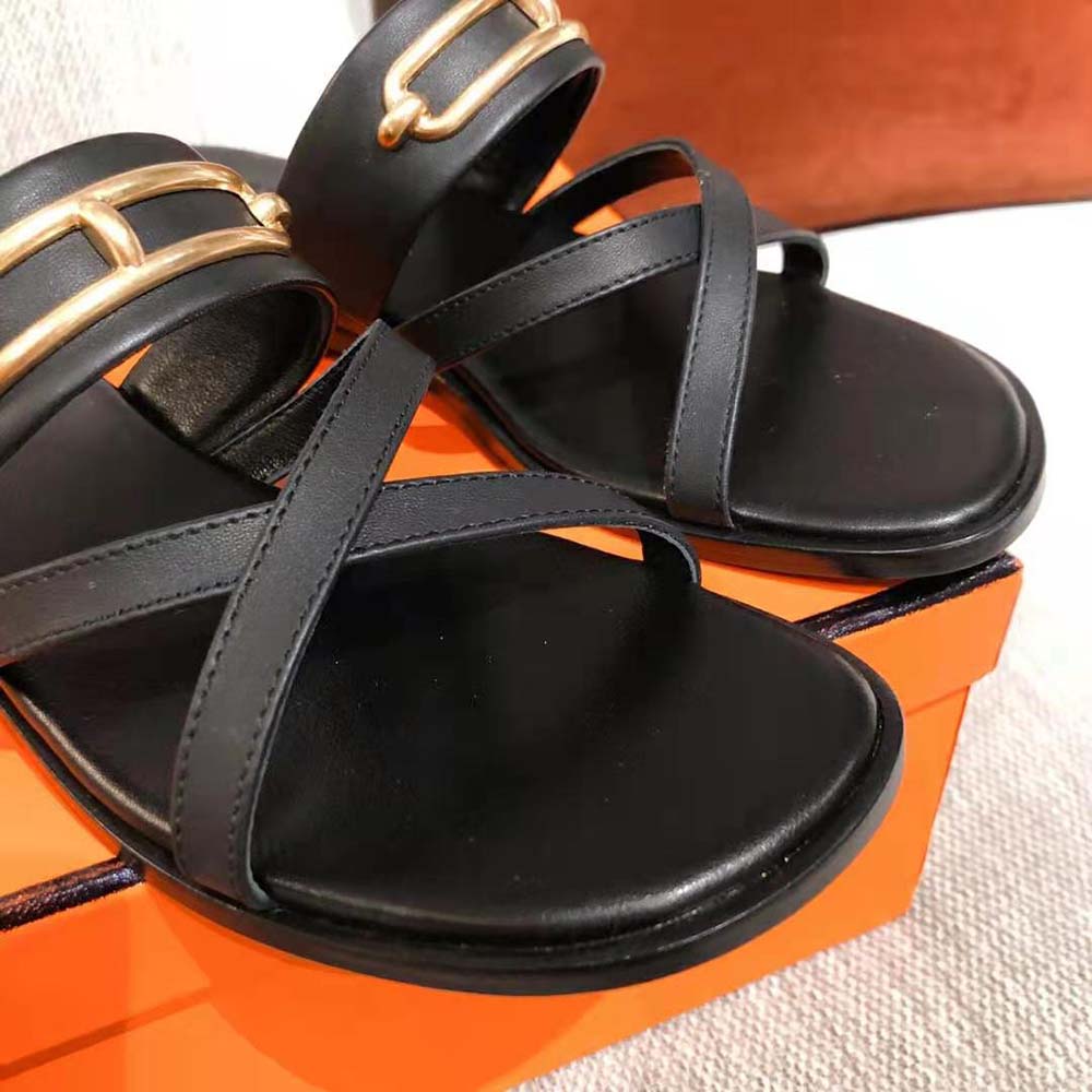 Hermes Women Claire Sandal in Calfskin Leather-Black - image 9
