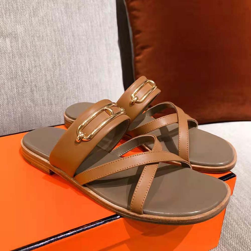 Hermes Women Claire Sandal in Calfskin Leather-Brown - image 5