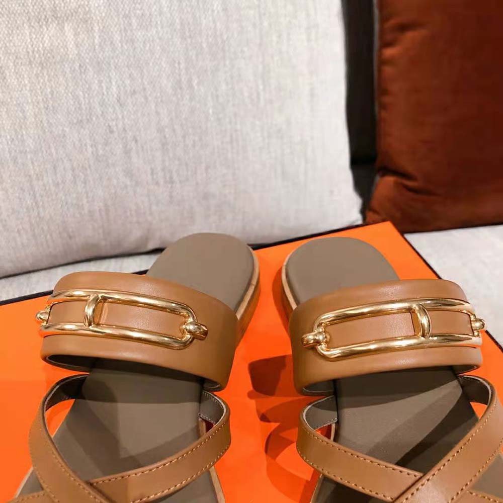 Hermes Women Claire Sandal in Calfskin Leather-Brown - image 9