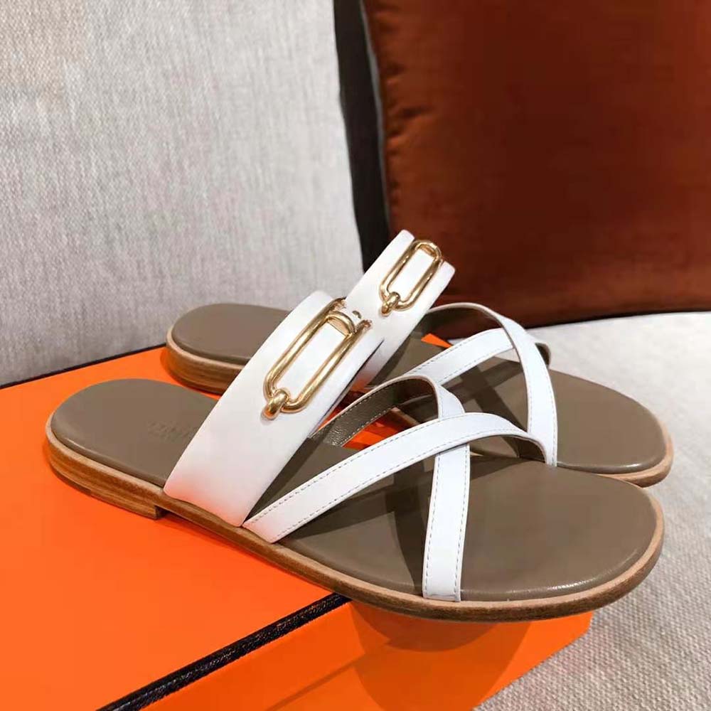 Hermes Women Claire Sandal in Calfskin Leather-White - image 4