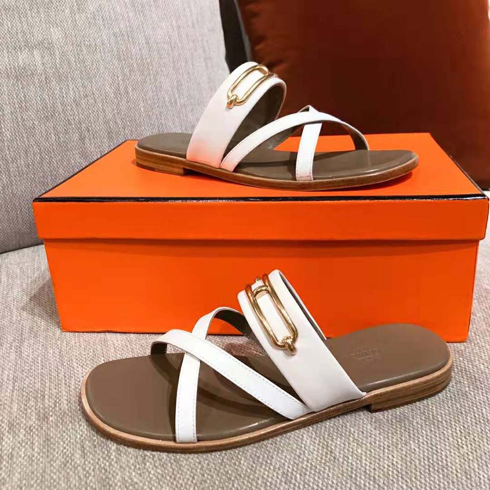 Hermes Women Claire Sandal in Calfskin Leather-White - image 5