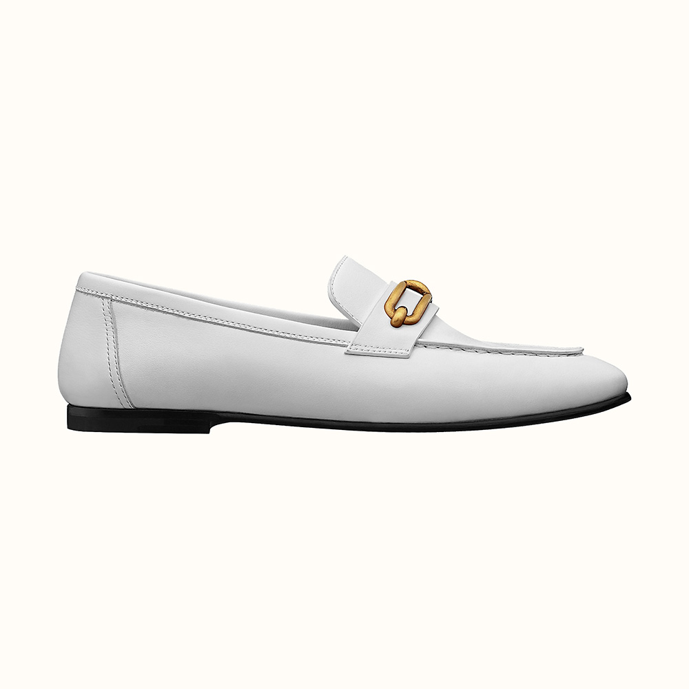 Side view of Hermes Women Colette Loafer in Calfskin Leather-White