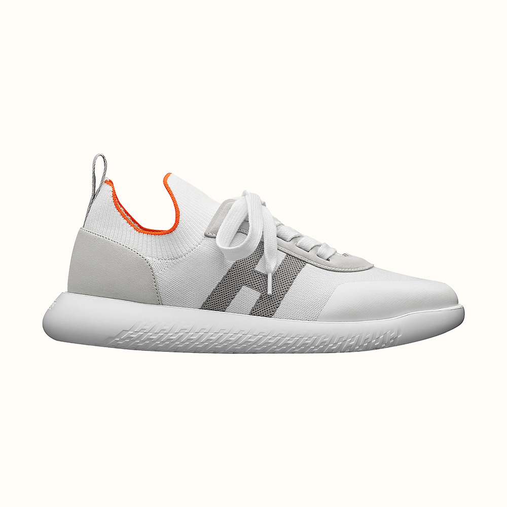Side profile of Hermes Women Crew Sneaker in Knit and Suede Goatskin-White