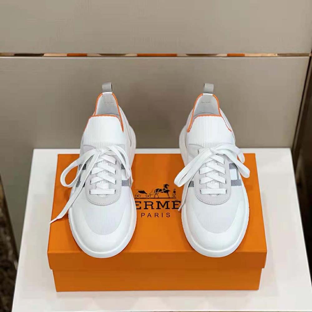 Close-up of white suede goatskin detail on Hermes Women Crew Sneaker
