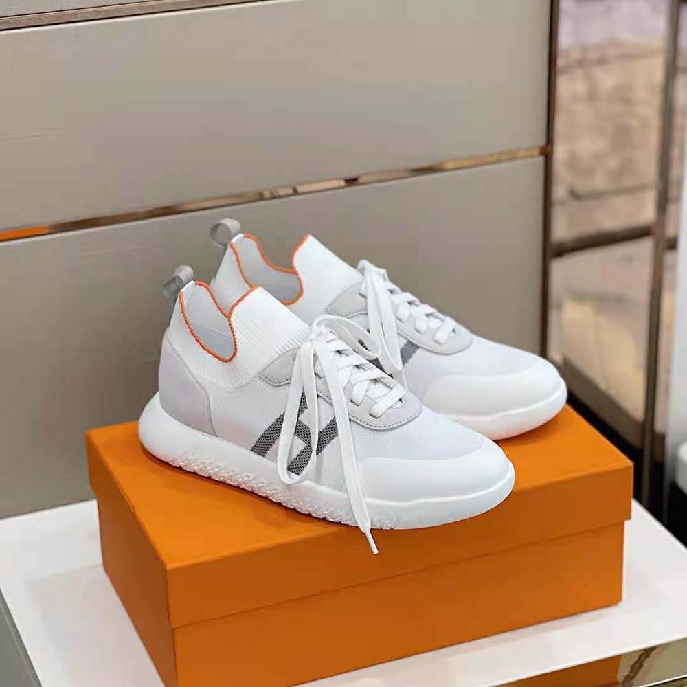 Top view showing knit upper and low-top silhouette of Hermes Women Crew Sneaker