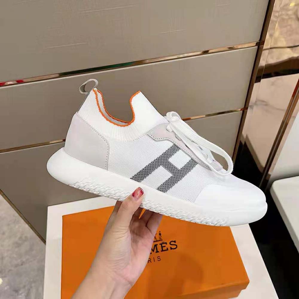 Hermes Women Crew Sneaker in Knit and Suede Goatskin-White - image 5